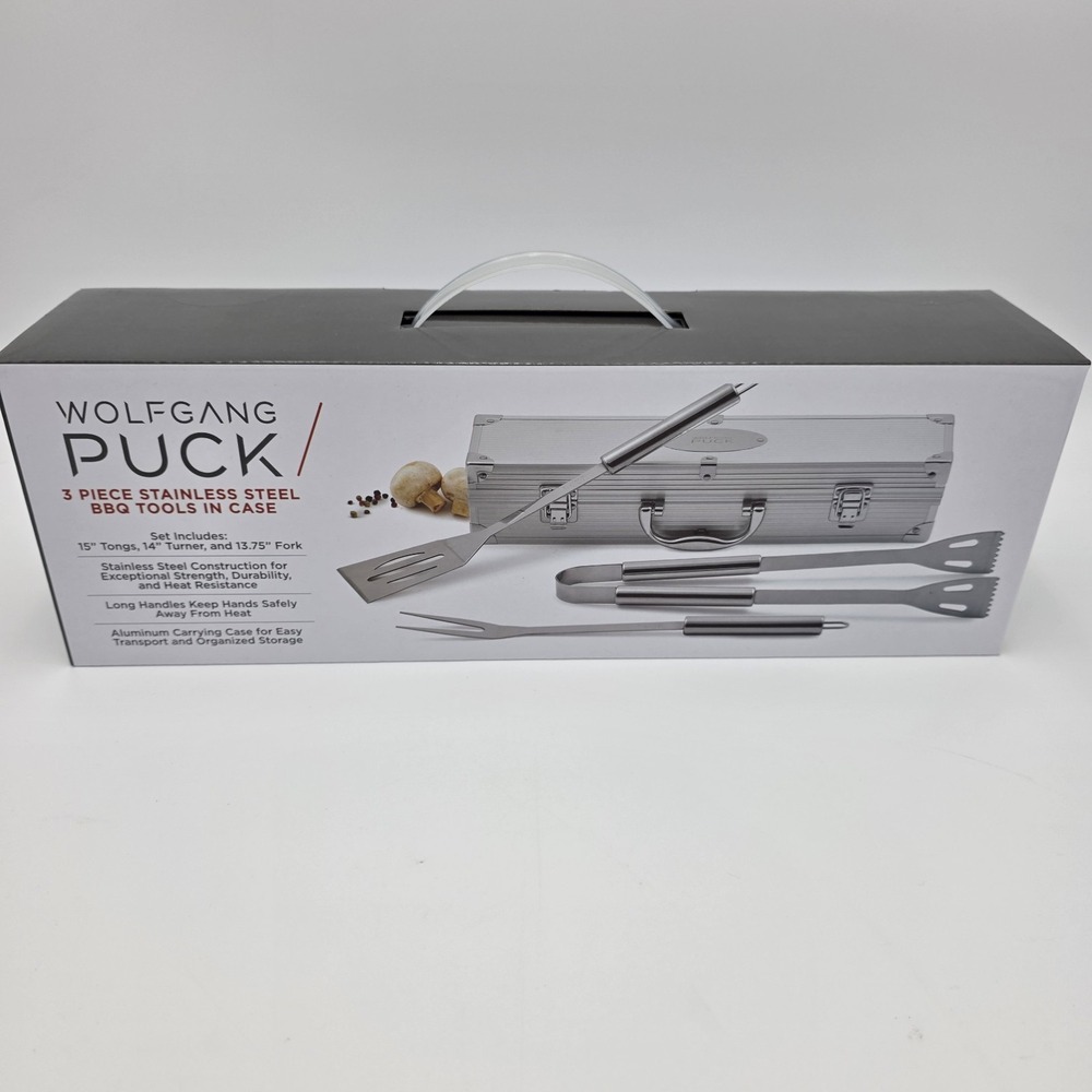 SEALED! WOLFGANG PUCK 3 Piece Stainless Steel BBQ Tools Utensils & Aluminum Case